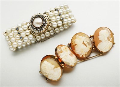 Lot 2358 - Shell Cameo Bracelet and Four Strand Cultured Pearl and Sapphire Bracelet