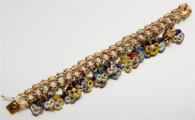 Lot 2447 - Gold, Enamel and Diamond Pansy Charm Bracelet