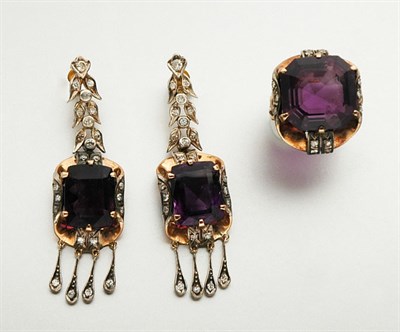 Lot 2382 - Gold, Silver, Amethyst and Diamond Ring and Earrings