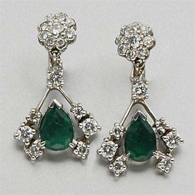 Lot 2283 - Pair of Emerald and Diamond Pendant-Earrings
