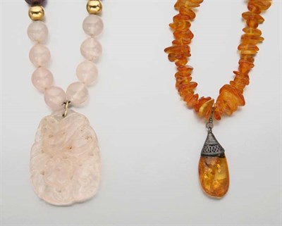 Lot 2887 - Amber Necklace and Rose Quartz and Amethyst Bead Necklace