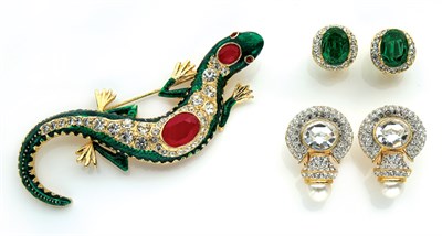 Lot 138 - Kenneth Jay Lane Jeweled Salamander Pin and Two Pairs of Earrings