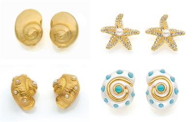 Lot 163 - Four Pairs of Kenneth Jay Lane Seashell Earclips