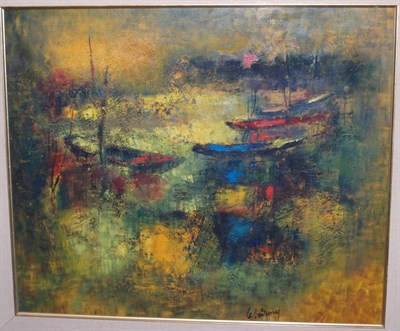 Lot 45 - Lebadang French, b. 1922 Boats at Sunset...