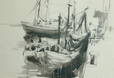 Lot 33 - Moshe Gat Israeli, 1935 Dock Scene Signed...