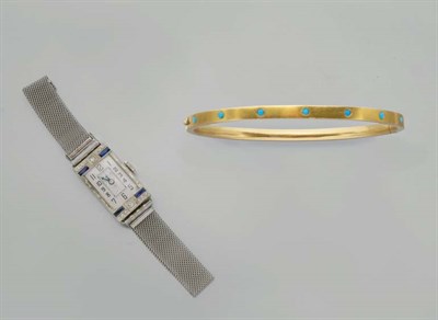 Lot 2435 - Antique Gold and Turquoise Bangle and White Gold, Gold-Filled, Diamond and Synthetic Sapphire Mesh Wristwatch