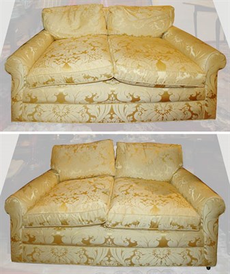 Lot 1504 - Pair of Yellow Damask Upholstered Two-Seat...
