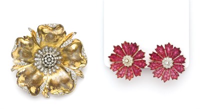 Lot 101 - Trifari Invisibly Set Flower Earrings and Large Flower Pin