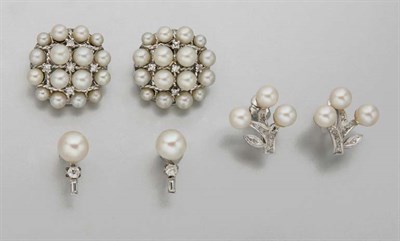 Lot 2386 - Three Pairs of Cultured Pearl and Diamond Earclips
