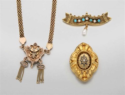 Lot 2582 - Antique Gold Necklace and Brooch and Gold, Turquoise, Split Pearl and Biwa Pearl Brooch