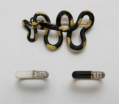 Lot 2493 - Gold and Black Enamel Snake Brooch and Pair of Gold, Onyx, Mother-of-Pearl  and Diamond Rings