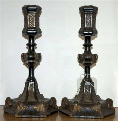 Lot 1336 - Pair of Black Painted Carved Wood Candlesticks...