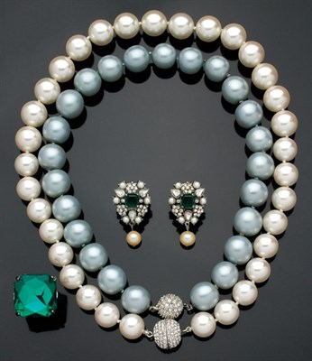 Lot 4 - Enormous Faux Emerald Ring, Two Large Faux Pearl Necklaces and a Pair of Earrings