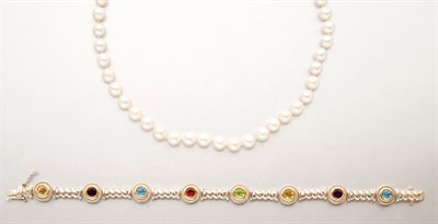 Lot 2523 - Cultured Pearl Necklace and Sterling Silver and Gem-Set Bracelet