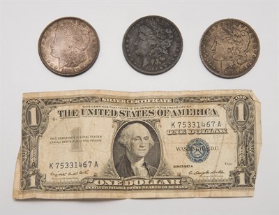Lot 2035 - Three U.S. Silver Dollars and Two One Dollar Bills