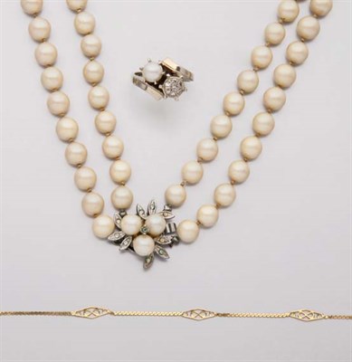 Lot 2100 - Three White Gold and Diamond Rings, Gold Bracelet and an Imitation Pearl Necklace
