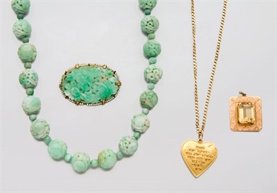 Lot 2072 - Carved Jade Necklace, Earrings and Brooch and Group of Jewelry