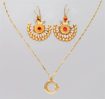 Lot 2070 - Pair of Gold and Fresh Water Pearl Pendant-Earrings and Metal Necklace