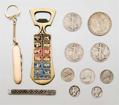 Lot 2040 - Group of U.S. and Foreign Coins and Group of Metal Jewelry and Pocket Knives