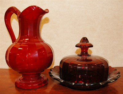 Lot 475 - Continental Faceted Red Glass Jug; Together...