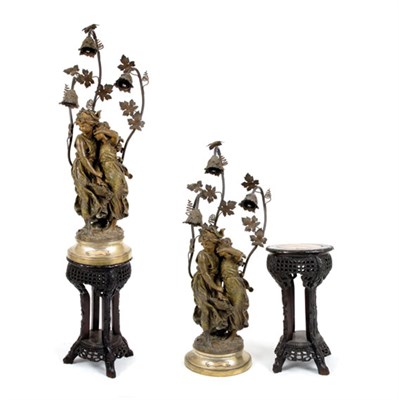 Lot 4395 - Patinated Spelter Two-Light Lamp Protection...