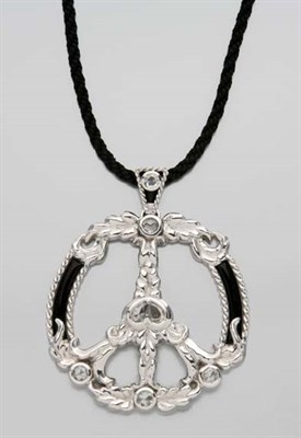 Lot 2309 - Platinum, Diamond and Black Enamel Peace Pendant with Cord Necklace