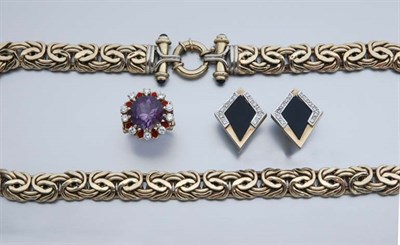 Lot 2301 - Gold Necklace, Pair of Black Onyx and Diamond Earrings and Amethyst and Diamond Ring