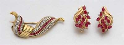 Lot 2293 - Pair of Gold, Ruby and Diamond Earrings and Bow Brooch