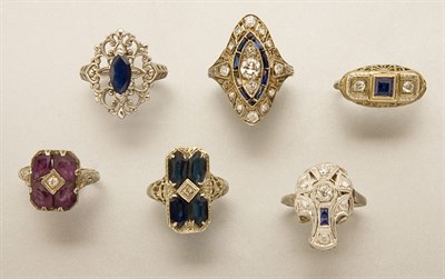Lot 2843 - Group of Six Diamond and Synthetic Sapphire Rings