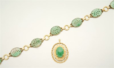 Lot 2855 - Carved Jade Necklace and Earrings and Gold-Filled and Jade Pendant