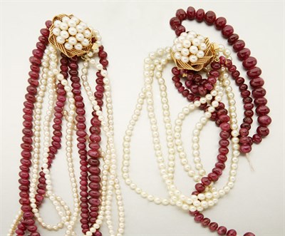 Lot 2856 - Multistrand Ruby Bead and Cultured Pearl Necklace and Bracelet