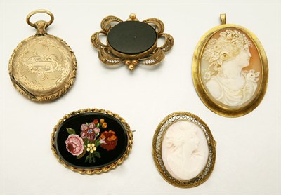Lot 2859 - Assorted Group of Cameo Brooches, One Micromosaic and Enamel Brooch and Two Lockets
