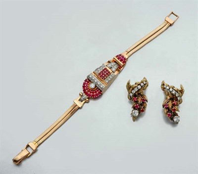 Lot 2260 - Gold, Ruby and Diamond Bracelet-Watch and Pair of Gold, Ruby and Diamond Earclips