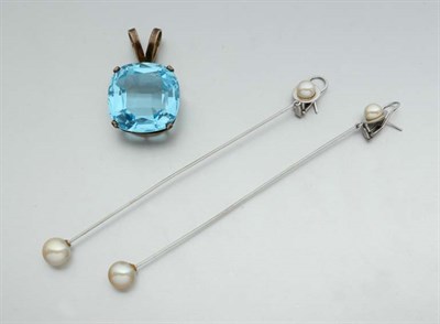 Lot 2267 - One Pair of Cultured Pearl Earrings and One Blue Stone Pendant
