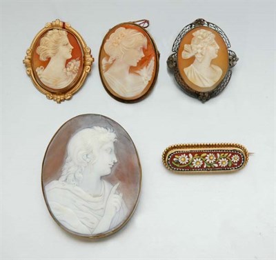 Lot 2269 - Antique Micromosaic Brooch and Six Shell Cameo Brooches