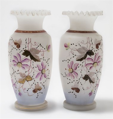 Lot 4576 - Pair of Victorian Style Painted Glass Vases...