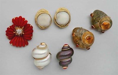 Lot 2756 - Group of Assorted Shell, Coral, Enamel and Cultured Pearl Earclips