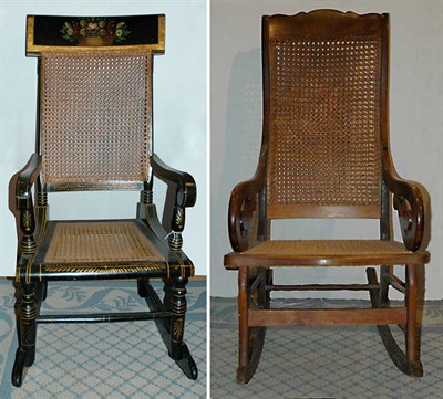Lot 1208 - Two Caned Rocking Chairs Including a black...
