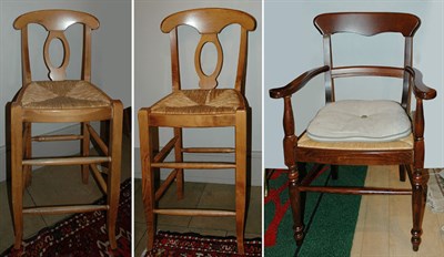 Lot 1313 - Group of Three Fruitwood Rush Seat Chairs...