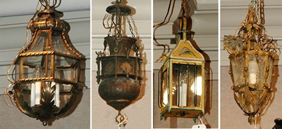 Lot 1444 - Four Painted and Patinated-Metal Hall Lanterns...