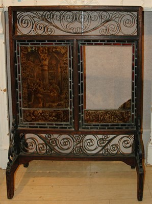 Lot 1452 - Etched Glass Wood and Scrolled Iron Fireplace...