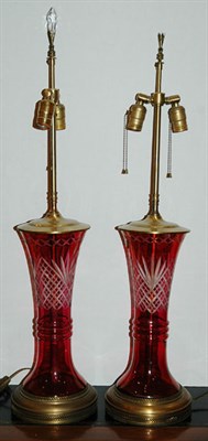 Lot 1494 - Pair of Red Cut to Clear Glass Vasiform...