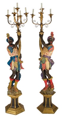 Lot 4144 - Pair of Painted Wood Blackamoor Five-Light...