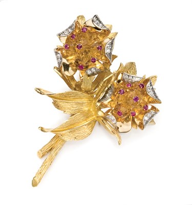 Lot 134 - Gold, Ruby and Diamond Flower Clip-Brooch