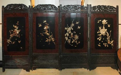 Lot 1551 - Asian Floral Decorated Hardwood Four-Panel...