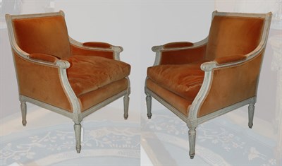 Lot 1408 - Pair of Louis XVI Style Painted Bergeres Each...