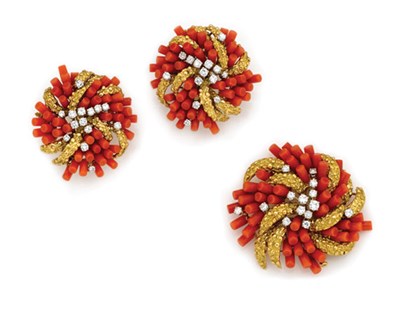 Lot 454 - Gold, Platinum, Coral and Diamond Brooch and Pair of Earclips, Cartier