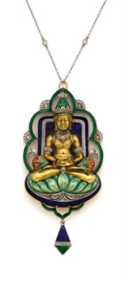 Lot 511 - Gold, Platinum, Enamel and Diamond Buddha Pendant with Platinum and Diamond Chain