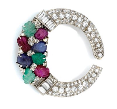 Lot 200 - Carved Colored Stone and Diamond Crescent Clip-Brooch