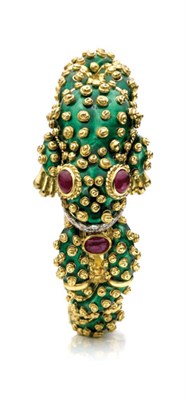 Lot 460 - Gold, Platinum, Green Enamel, Cabochon Ruby and Diamond Frog Bracelet, David Webb